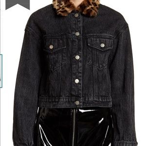 EMORY PARK Black Acid Wash Denim Jacket w/leopard